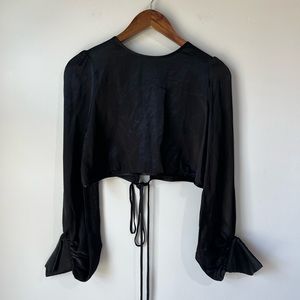 Zara Womens Long Sleeve Crop Top Sz M Black Blouse Wrap Knot Back Shirt